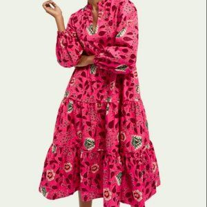 Hot Pink Long Sleeve Floral Print Voluminous Midi Dress